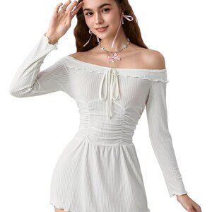 Off Shoulder Ruffle Ribbed Nightgown Long Sleeve Babydoll Lingerie Set